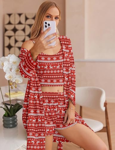 Image of Ekouaer Pajamas for Women Set 3 Piece Lounge Set Soft Pajama Sets Waffle Knit Tank Top and Shorts Cardigan with Pockets S-XXL
