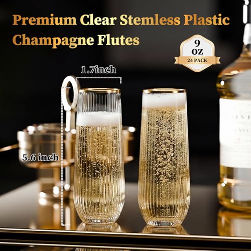 Image of GuanQiao 24 Pack 9oz Stemless Plastic Champagne Flutes with Gold Rim