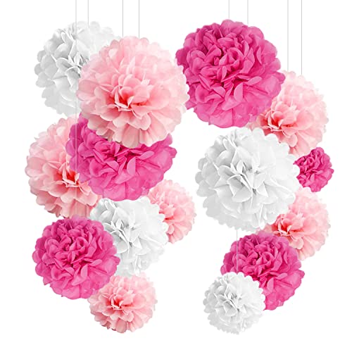 YBwanli 24pcs Pompon Papier de Soie, Pompon Rose, Deco Mariage,Pompon Papier Soie,Decoration Chambre Fille, Lanterne Papier,Decoration Bapteme,Decoration Bapteme Fille
