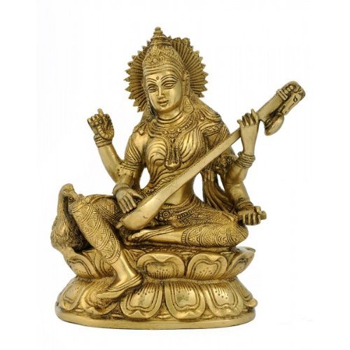 Sculpture en laiton de la déesse indienne Saraswati Devyom dorée 23cm