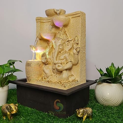 Image of Decorative Ganesha Table Top Water Fountain for Home Decor /Office /Indoor & Outdoor /Garden /Puja Room /Vaastu with Multicolor LED Light and Adjustable Water Pump (Yellow D-11)