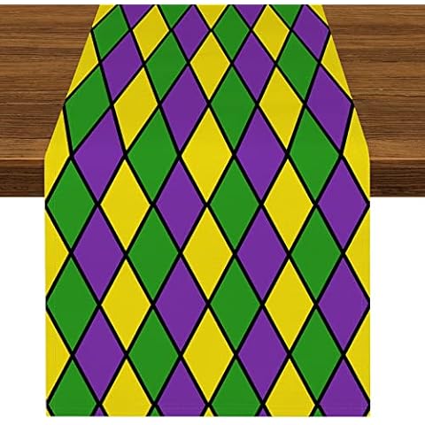 Mardi Gras Diamond Table Runner Carnival Purple Green Yellow Table Runners 90 Inches Long for Kitchen Dining Table Decoration Holiday Masquerade Party Indoor Outdoor Decor Cover