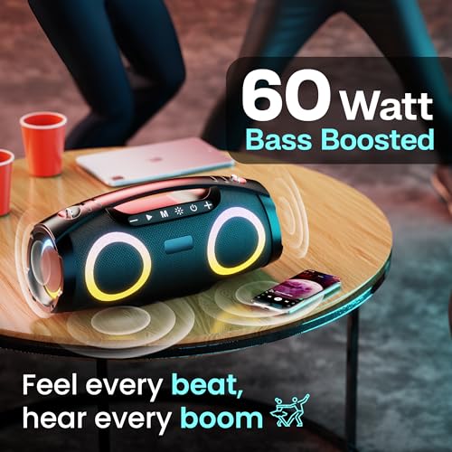 Image of GOBOULT Bassbox Q60 Bluetooth Speaker with 60 Watt BoomX Audio, Up to 14Hrs Playtime, Type-C Charging, AUX /TF Card /USB & BT 5.4 Compatible, Dual Radiator, Portable Speaker (Black)