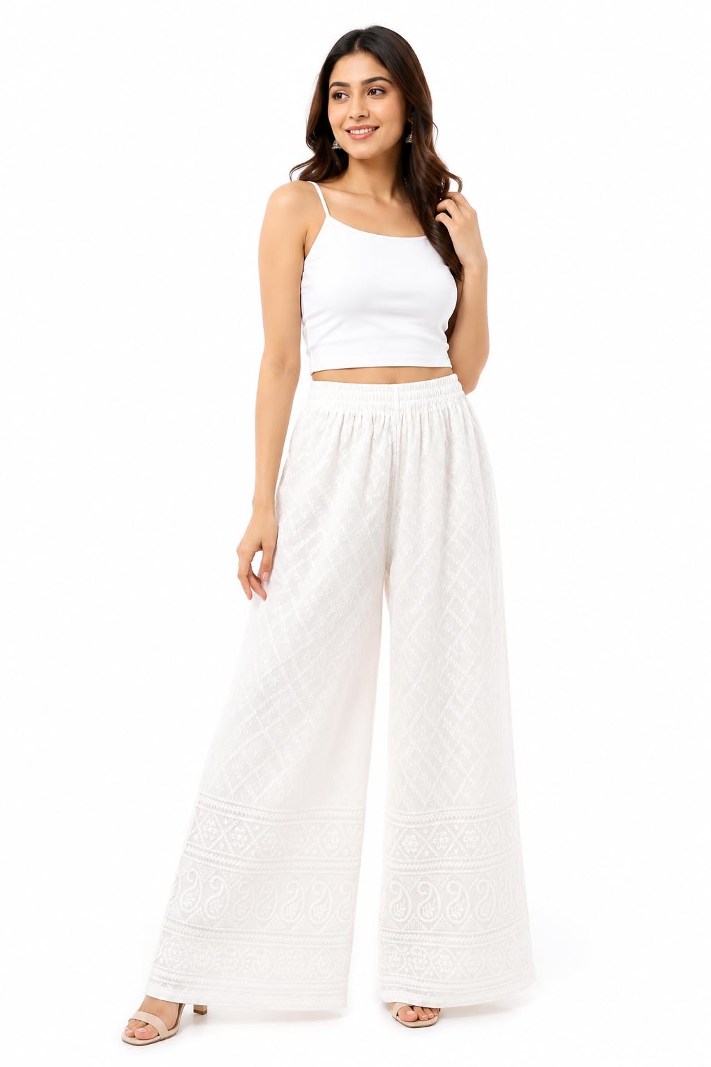 Women's Premium Chicken Palazzo Pants | Wide Leg Flared Fit | Elastic Waist | Full Length Ethnic Bottom Wear | Free Size-image-45