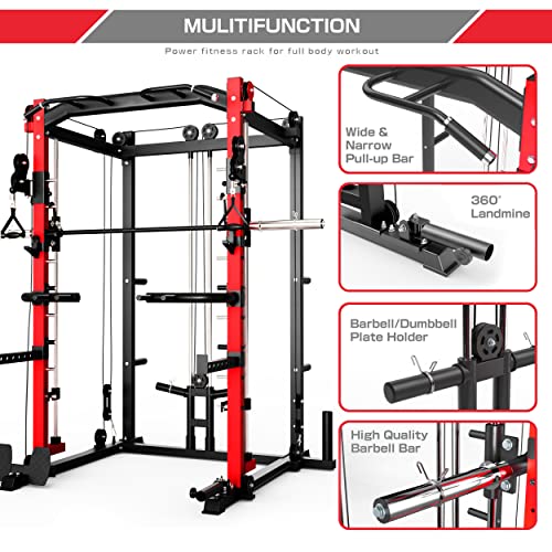 Major Lutie Smith Machine With Weight Bench And 230Lbs Olympic Plates, Sml01 1600Lbs Power Cage With Crossover Machine,Landmine More Training Attachment(Red) #TOP5