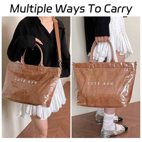 Image of GISMTR Large PVC Tote Bag for Women Letters Print Handbags Kraft Paper Shoulder Bag for Work Travel