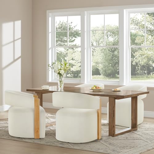 Image of KISLOT Upholstered Dining Chairs Set of 4, Modern Rolling Dining Chairs with Hidden Casters, Wooden Arm Kitchen Chairs with Linen Look Fabric, Padded Barrel Chairs for Dining Room, Kitchen, Linen