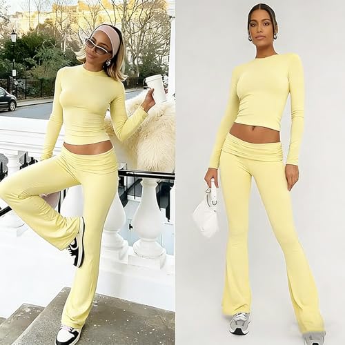 Image of YETOWA Y2K 2 Piece Outfits Tummy Control Long Sleeve Crop Top High Waisted Flare Pants Soft Knit Lounge Set