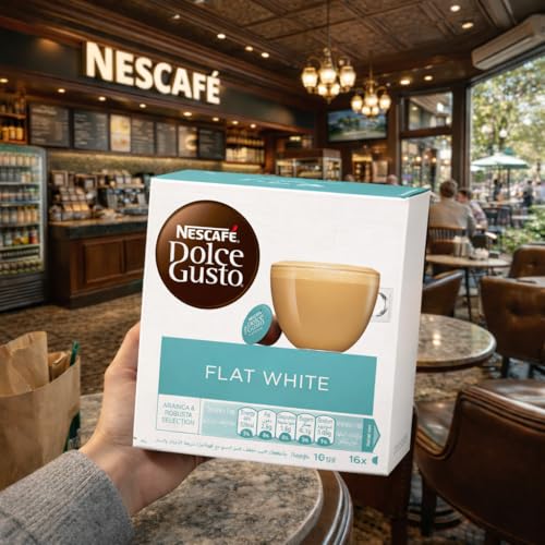 Image of NESCAFE Dolce Gusto Flat White Coffee Capsules - 16 Pods (187.2g) - Smooth & Creamy Coffee with Milk, Arabica & Robusta Blend, Cafe-Style Flat White, Compatible with Dolce Gusto Machines, By Cougar - (IMPORTED-UK)
