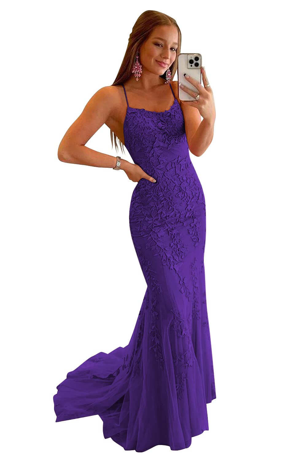 Clothfun Women's Long Lace Prom Dresses Mermaid Spaghetti Straps Backless Formal Evening Gowns