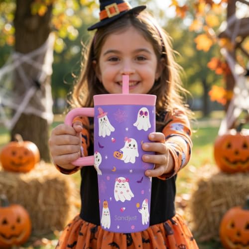 SANDJEST Boo Stainless Steel Tumbler 20 Ounces with Handle and Silicone Straw Locking Lid (Purple) by SANDJEST - Used condition - Image 7