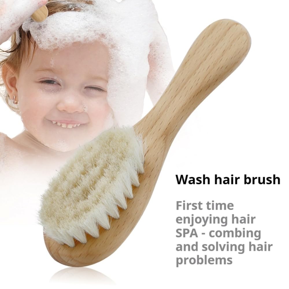 2 cepillos de pelo de cabra natural para bebé, hipoalergénico y mango de madera suave para masaje delicado del cuero cabelludo y relajación, perfecto para recién nacidos y niños pequeños