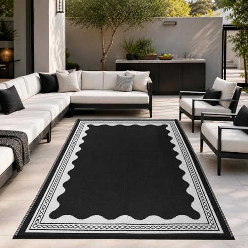 GarveeHome Outdoor Rug 8x10 Patio Waterproof, Reversible Plastic Straw Rugs for Camping, Picnic, Balcony, Porch, RV, Easy-Clean & Quick Dry Scalloped Pattern Large Indoor Outdoor Carpet, Black