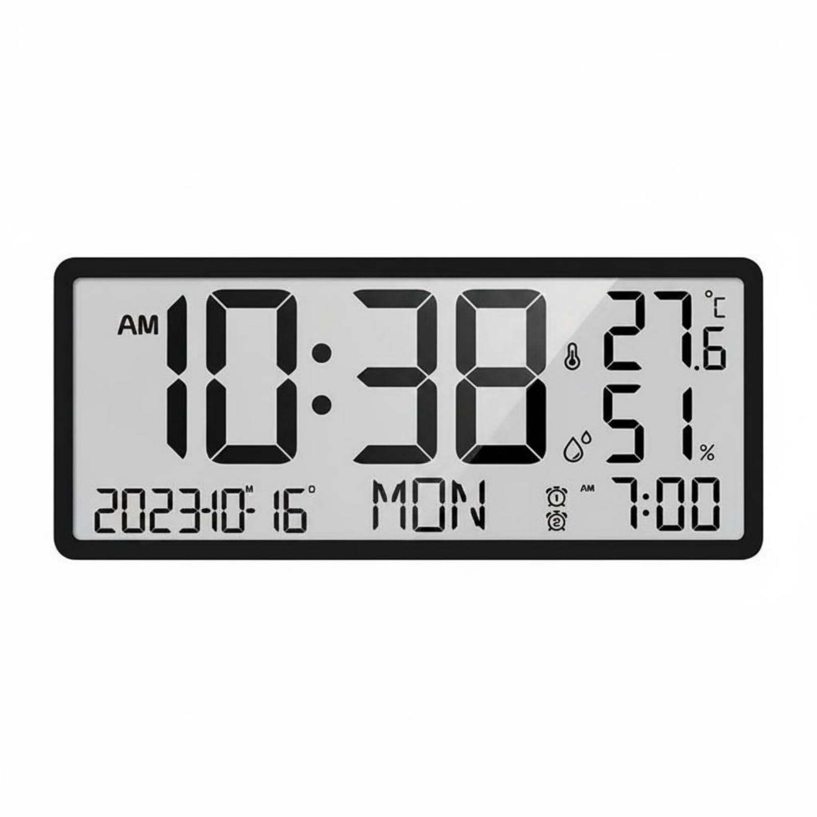 rockible Reloj de Pared Digital LCD Reloj Despertador Calendario Termómetro Higrómetro Pantalla Amplia Diseño Moderno Plástico y Vidrio con Información Diaria Apto para Hogar Estudio Trabajo, Negro
