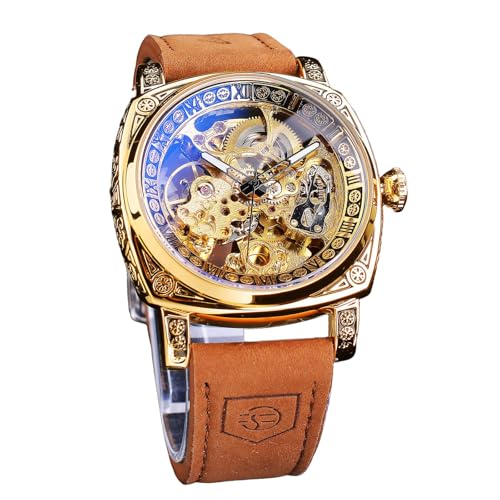 FORSINING Fancy Uhren für Männer, quadratische Retro mechanische Uhr Self-Wind geschnitzt, Gear Uhrwerk Golden Skelett Luxus Automatische Uhren Vintage Lederarmband Armbanduhr
