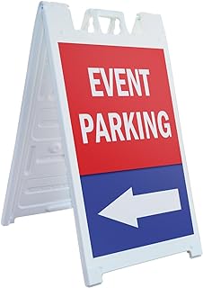 A-Frame Sidewalk Event Parking with Arrow 24" x 36" Double Sided A-Frame Sidewalk Sign, Includes 2 Installed Vinyl Decals | Foldable Portable White Signicade Sandwich Board Signs