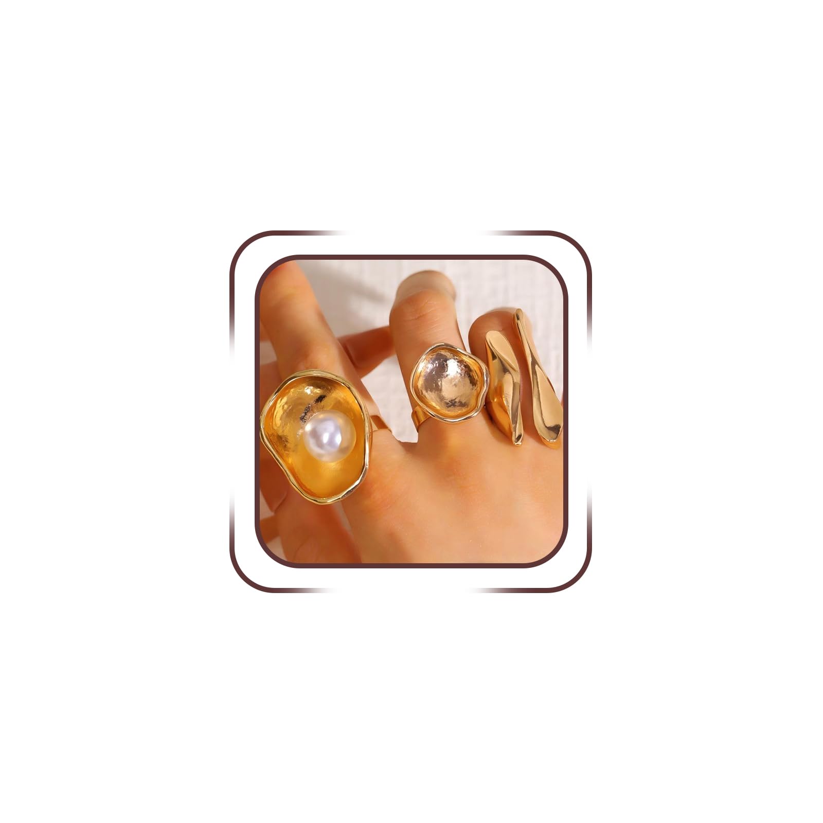 Stackable Chunky Gold Bowl Liquid Lava Knuckle Ring Set, Silver Large Irregular Bowl Inlay Pearl Open Rings for Women Trendy Geometric Party Jewelry