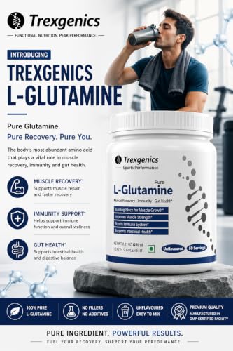 Image of Trexgenics L-GLUTAMINE Pure Powder (50 Servings) Muscle Building Block for Strength & Growth, Leaky Gut Health, Immunity (250 gm) (Pack of 1)