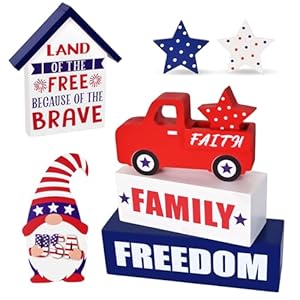 8 Pieces 4th of July Decorations, Patriotic Decorations Red Truck Fourth of July Decorations Wooden Block Sign, American Memorial Day Tiered Tray Decor for Farmhouse Independence Day Home Table Decor
