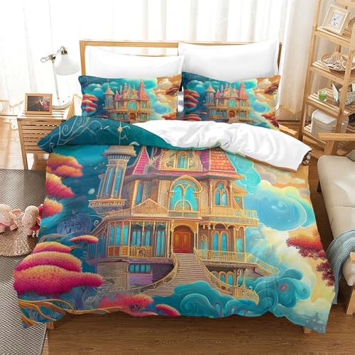 Housse de couette château 3D anti-plis et lavable pour lit enfant double