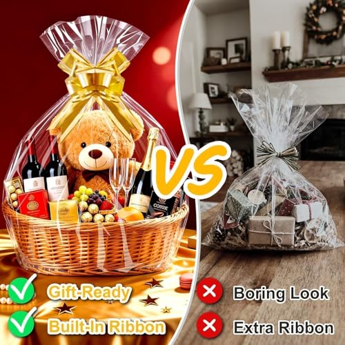Image of PigPotParty Cellophane Bags for Gift Baskets, 30x40 in, 10 Pack, Gold Bows
