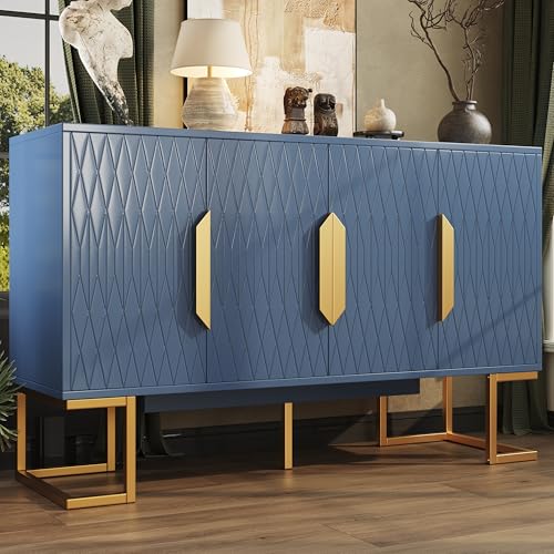 Azkoeesy Moderno Aparador | Buffet con 4 Puertas y Raya en Forma de Diamante - 140 x 40 x 80 cm, Diseño antivuelco, Mueble para salón/Comedor/Cocina - Azul, Tiradores y Patas Dorados