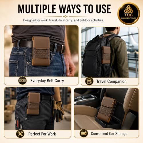 Image of TDG Vertical Mobile Belt Pouch for Men & Women | Premium PU Leather Waist Holster Case with Belt Clip & Loop | Fits Smartphones up to 6.7 Inch Height | Card Pocket & Magnetic Flip Cover | Dark Brown