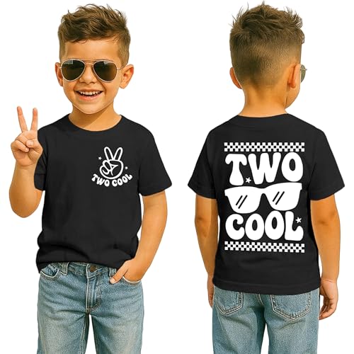SANIXJOO Two Cool Birthday T-Shirt Short Sleeve 2nd Birthday Boy Tshirt 2 Year Old Toddler Boys Second Bday Party Tops Outfit(Black 2T)