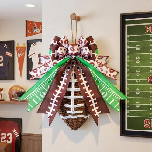 Lyrow 1 Pcs Weave Football for Front Door Decorations Rattan Football Wreath Hanging Door Sign Decor Farmhouse Rustic DIY Craft Project for Home Game Day Club Party Supplies