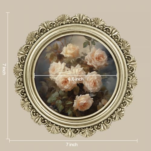 Image of eletecpro 5x5 Round Picture Frame with Glass Cover, Vintage Gold | Retro Ornate Gold Photo Frame for Tabletop or Wall Mount Decor