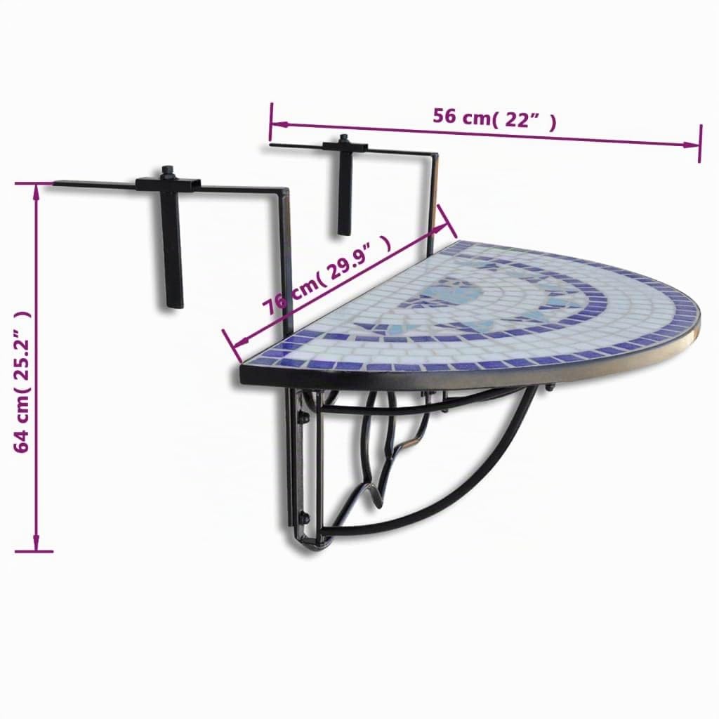 vidaXL Table Suspendue de Balcon Bleu et Blanc Mosaïque