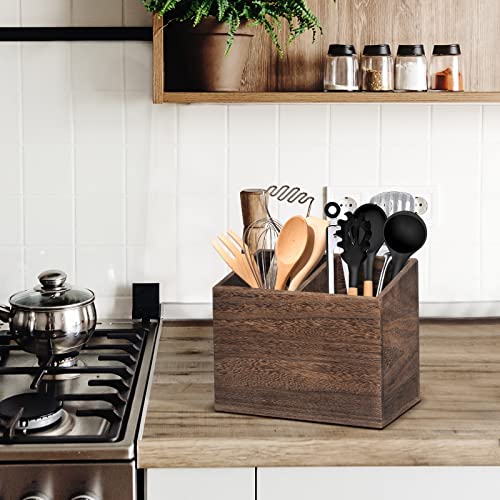 Wooden Kitchen Utensil Caddy With 2 Compartments, Rustic Kitchen Utensil Holder For Kitchen Countertop, Wood Utensil Crock Organizer Box For Farmhouse Kitchen Decor #TOP3