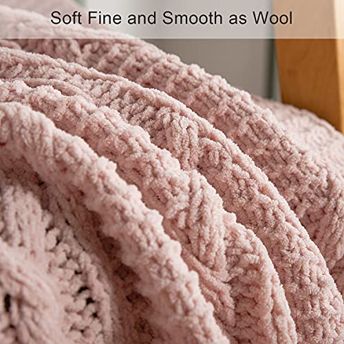 Chunky Knit Blanket With Pom Poms- Thick, Soft, Big, Cozy Throw Blankets For Couch, Bed, Sofa, Chair-50×60 Inches,Pink #TOP3