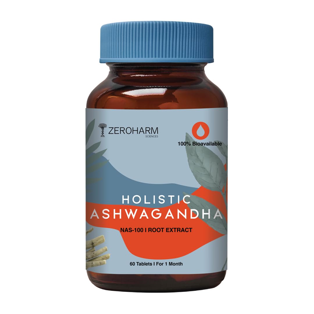 ZEROHARM Holistic Ashwagandha Tablets | Pure Organic Ashwagandha Root Extract Supplement | Nano Formulated for Mind & Body Wellness | High Strength & Energy | 60 Veg Tablets