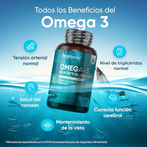 Omega 3 2000mg de Concentración 240 Perlas de Aceite de Pescado (660mg EPA + 440mg DHA) - Ácidos Grasos Omega 3 de Alta Potencia para Salud Cerebral, del Corazón y de la Presión Sanguínea para 4 Meses