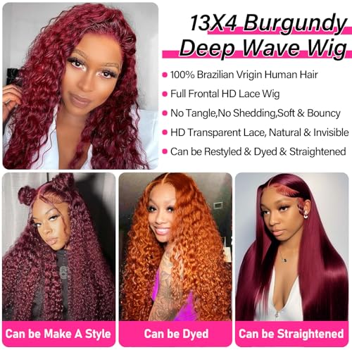 Image of 26 Inch 99j Burgundy Lace Front Wigs Human Hair 13x4 Deep Wave Lace Front Wigs Human Hair Pre Plucked 180% Density Water Wave Human Hair Wig Wine Red Wet Wavy Curly Glueless Colored Wig for Women