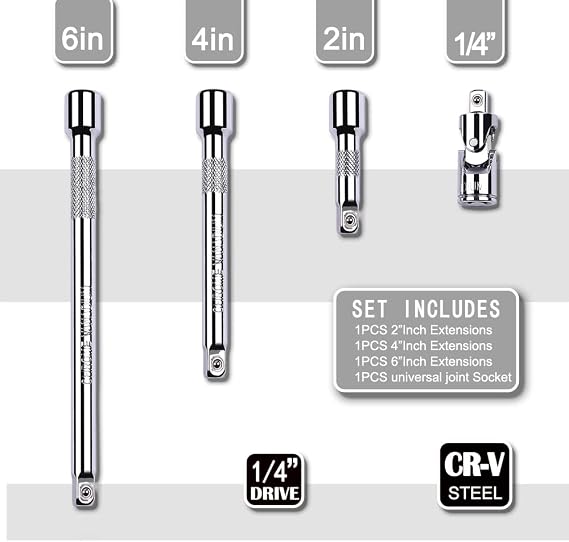 4 Piece 1/4 Inch Drive Extension Bar Set, 1/4 Inch Drive Socket Extension Set Includes 2, 4, and 6 Inch Extensions and 1/4 Inch drive Universal Joint Socket