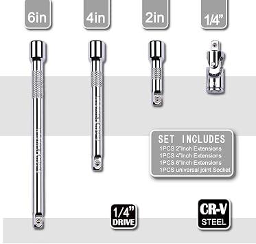 4 Piece 1/4 Inch Drive Extension Bar Set, 1/4 Inch Drive Socket Extension Set Includes 2, 4, and 6 Inch Extensions and 1/4 Inch drive Universal Joint Socket