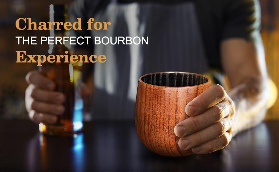 Image of Charred Wooden Bourbon Drinking Glass, Bourbon Gifts for Men - 10oz Wooden Old Fashioned Glasses Set Whiskey Tumbler | Birthday Whiskey Gifts for Men, Dad or Brother Original Bourbon Tumbler (2 Pack)