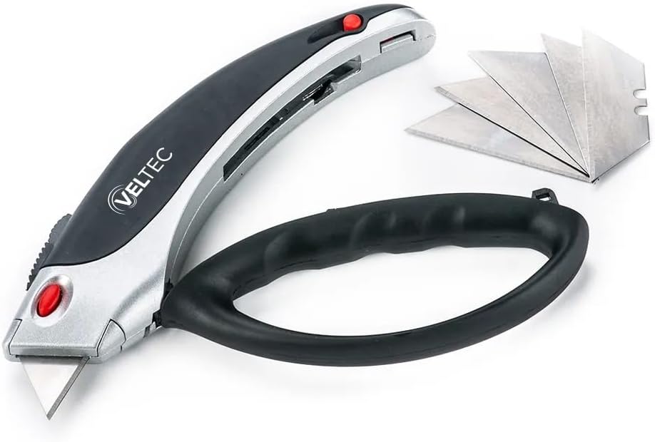 Miniatura 4 de Veltec Cuchillo utilitario retráctil resistente, cortador de caja, cortador de alfombras con bloqueo de 3 posiciones, agarre ergonómico