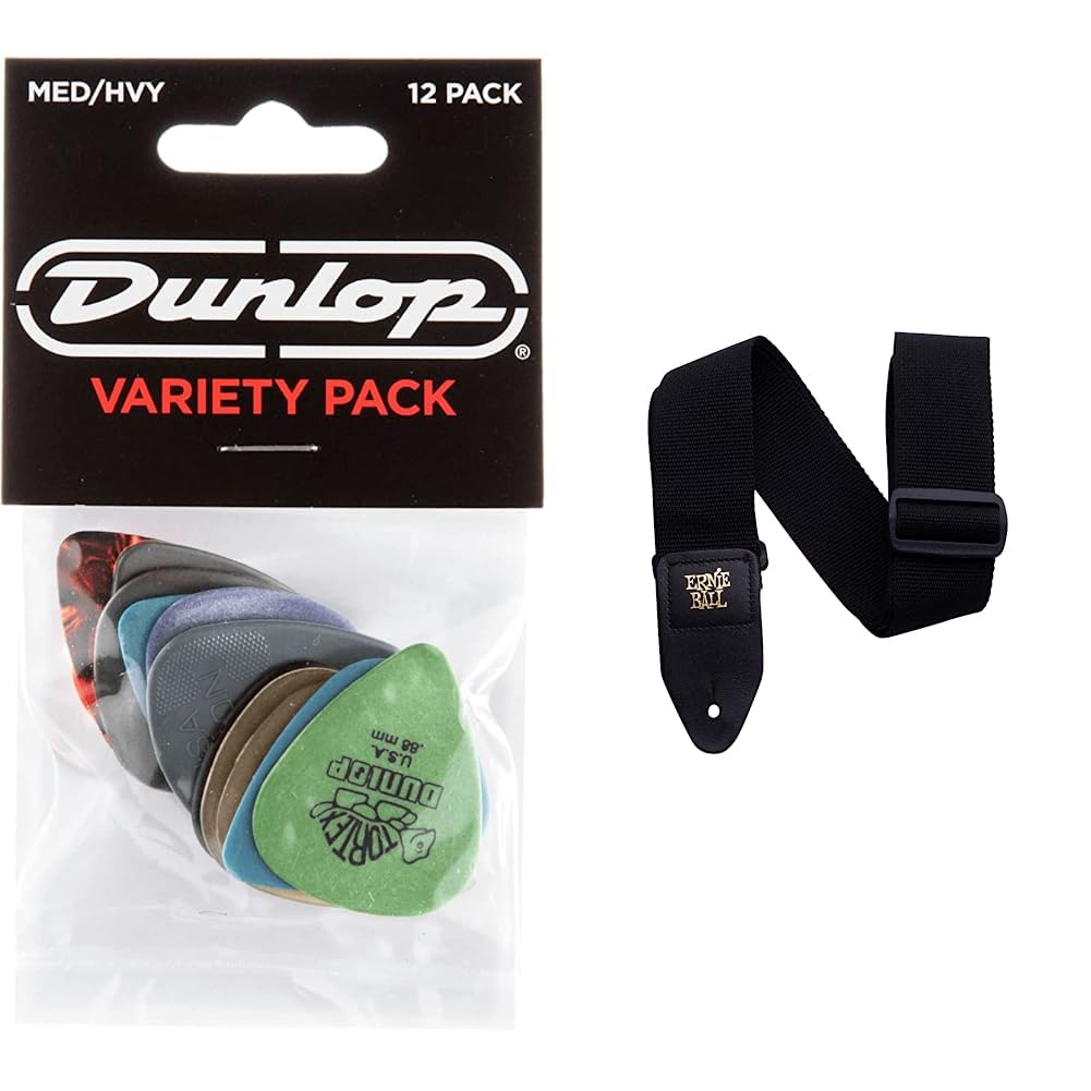 Dunlop Pick Variety Pack, Assorted, Medium/Heavy, 12/Player's Pack & Ernie Ball Polypro Guitar Strap, Black (P04037)