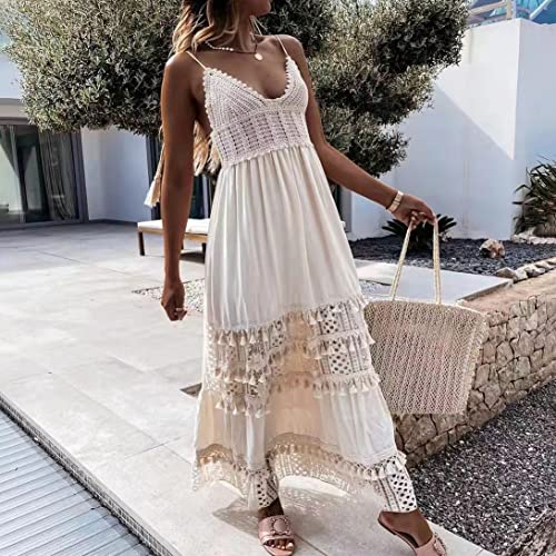 Image of ABOCIW Women's Boho Maxi Dress Lace Up Tassel V-Neck Flare Ruffle Fringed Beach Summer Dresses