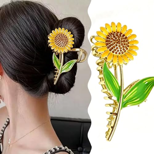 Pinzas para el cabello TIIZIISII Sunflower elegantes metálicas con flor y pedrería, pinzas antideslizantes para cabello grueso y fino, accesorios de verano para niñas miniatura 1