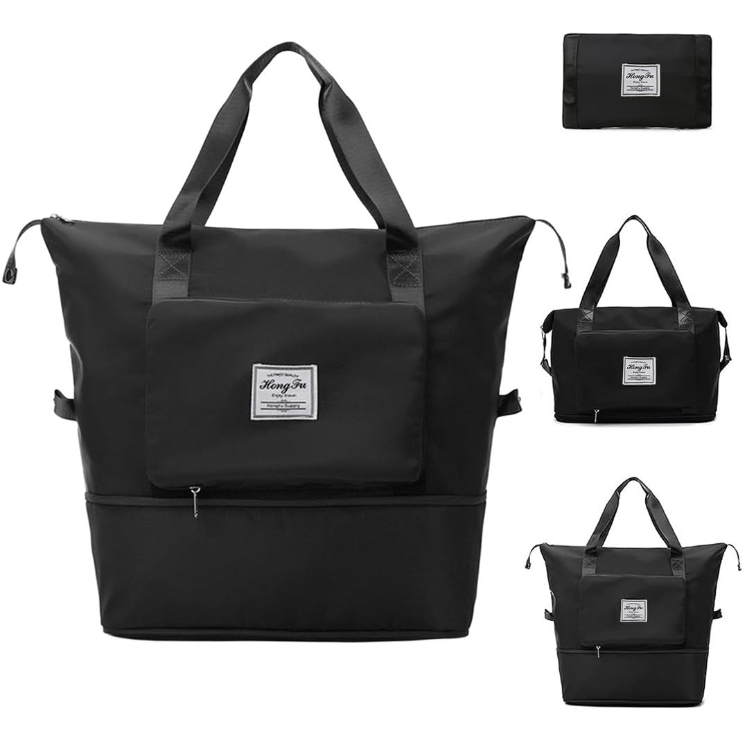 PopocolaLeeLarge Capacity Expandable Travel Duffel Bag/Portable Luggage Carry Bag for Women/Waterproof Foldable Sports Shoulder Bag for Travel/Gym/Overnight/Shopping/Weekends/Camping (Black)