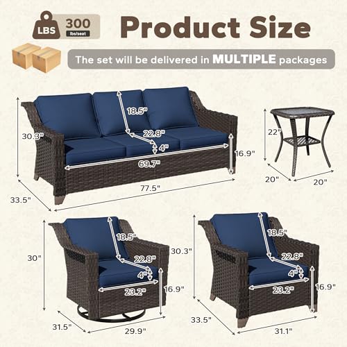 Image of 6 Piece Patio Furniture Set, Wicker Outdoor Conversation Set | Patio Chair Set with Olefin Removable Cushion, All-Weather Outdoor Couch with Deep Seat for Porch, Deck and Backyard, Blue
