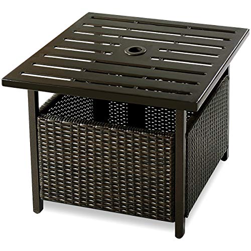 CASART. Patio Rattan Wicker Umbrella Side Table with Umbrella Hole, Steel Outdoor Deck Garden Pool Umbrella Side Table, Brown