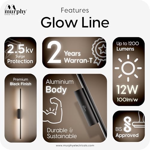 Image of Murphy Glow Line 12W LED Wall Highlighter | 3-in-1 Color Changing (Cool White /Natural White /Warm White) | Premium Black Aluminium Body | Pack of 2 | 2 Year Warranty