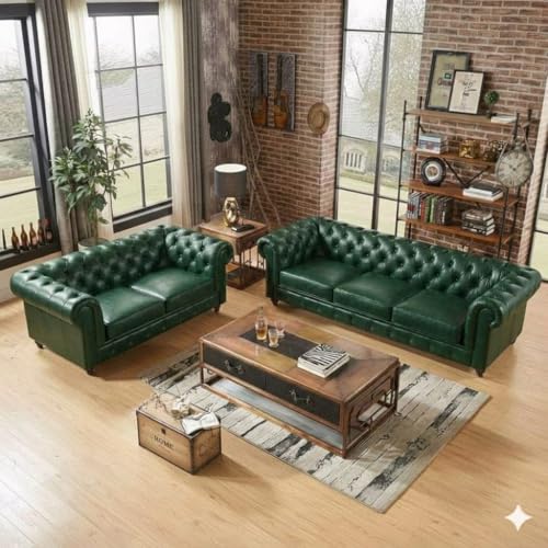 Image of UMAR ARTS Luxury Chesterfield Leatherate Sofa Set, Tufted Genuine Leatherate, Classic Living Room Furniture (Green 3+2)