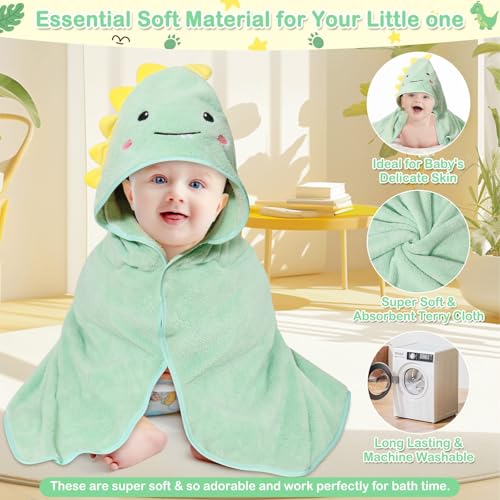 Image of 4 PCS Hooded Baby Towels, Soft Baby Towel, Absorbent Baby Bath Towel, Baby Towels and 3 PCS Baby Washcloths for Newborns, Toddlers, and Kids, 32x32 in Baby Towel with Hood for Boy and Girl (Dinosaur)