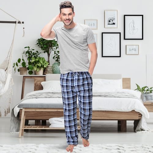 Image of 3 Pack Mens Cotton Pajamas Pants Lounge Pjs Bottoms Sleepwear Bottoms Soft Pants with Pockets Drawstring(Brown, Blue, Black,M,Plaid)